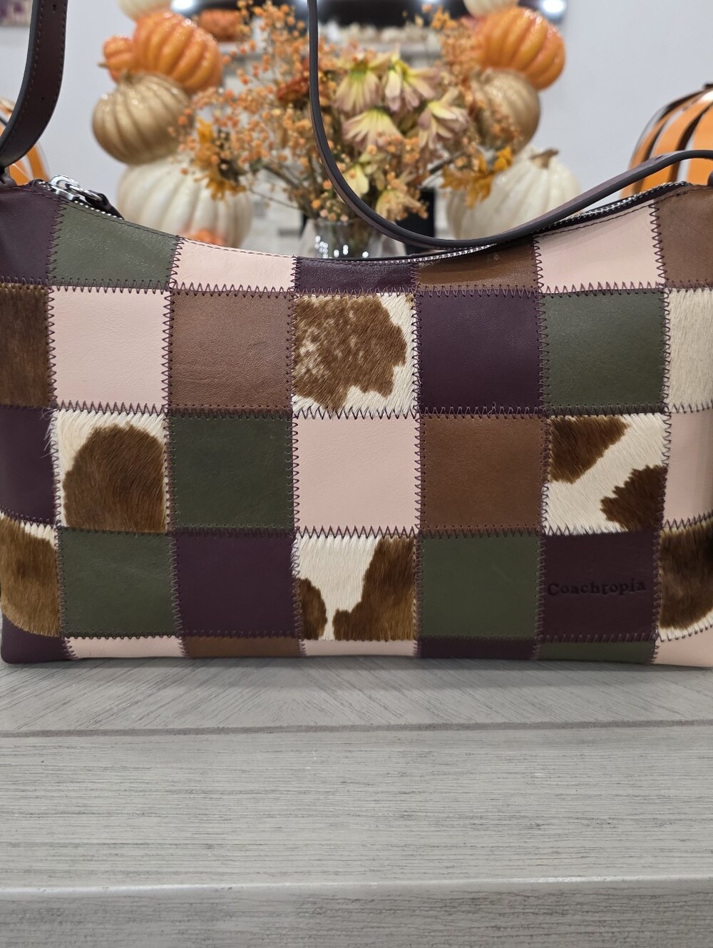 Coachtopia Patchwork Cowprint Leather Shoulder Bag in Brown, Green & Pink